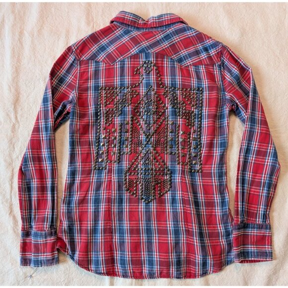Ralph Lauren Denim Supply Western Red Cotton Flannel Studded Eagle Pearl Snap MD - Picture 4 of 10